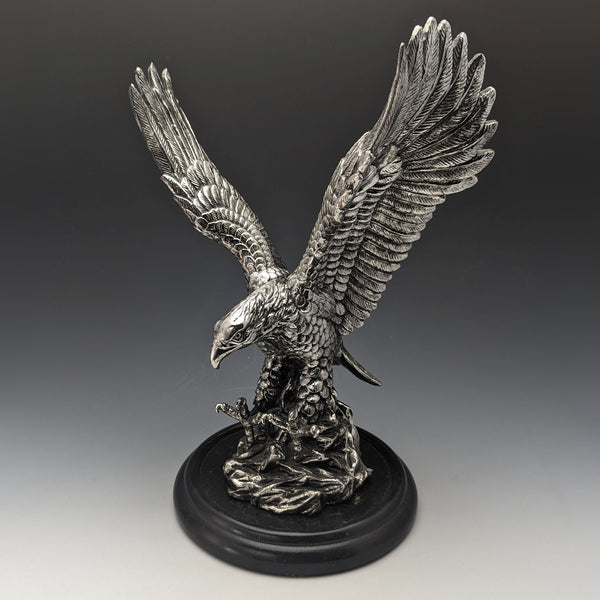 Vintage Silver Color Eagle Figurine Wooden Base
